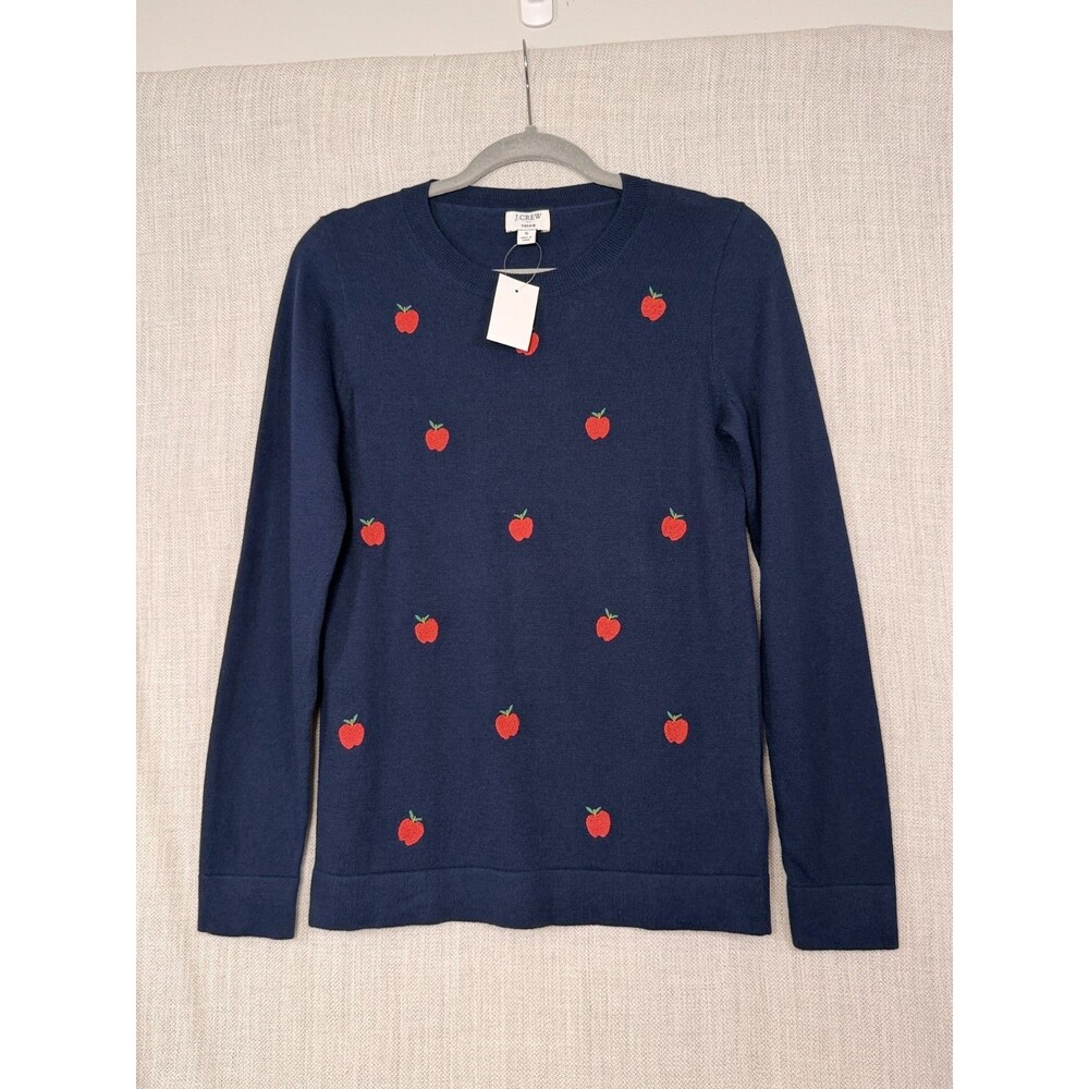 J.Crew Embroidered Apples Teddie Women's Small Pullover Teacher Sweater Navy NEW